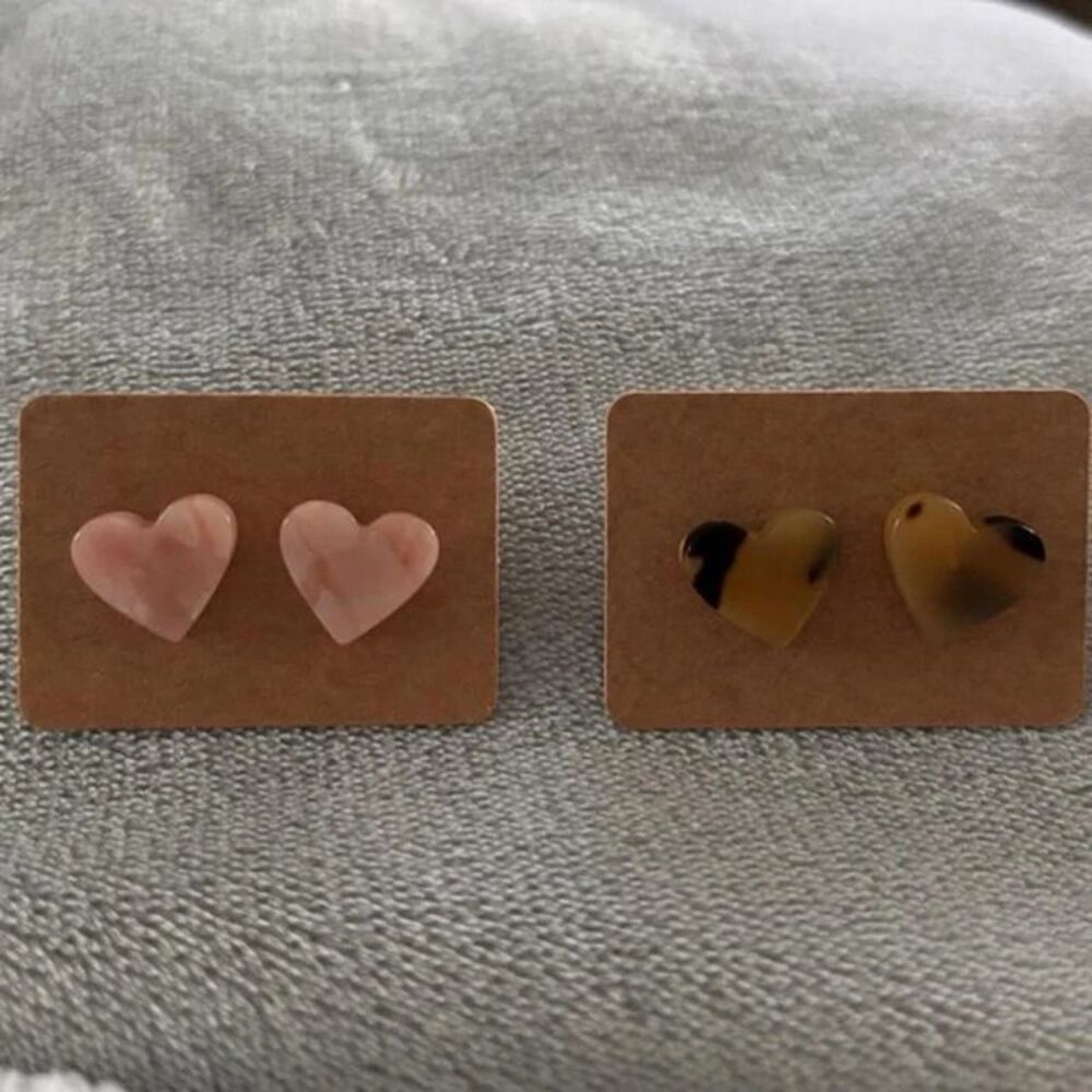Minimalist Resin Heart Stud Earrings Acetate Pink & Tortoiseshell Hearts